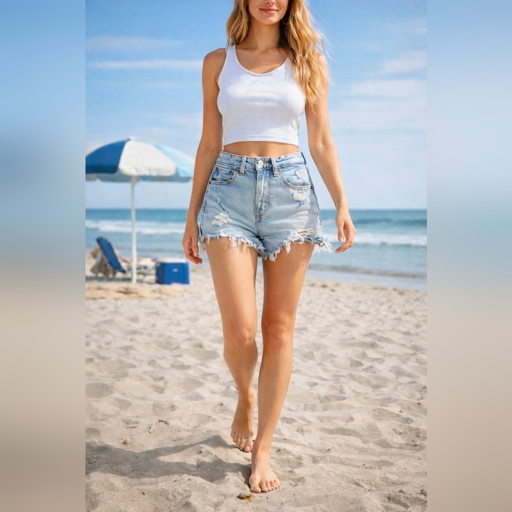 Abercrombie & Fitch Y2K Distressed High Rise Mom Shorts Light Wash Frayed Denim